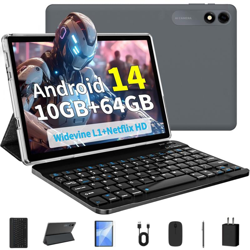 Android 14 Tablet 10.1 HD IPS Screen,10Gb RAM 64GB Rom,Octa-Core Fast Performance,6000Mah Battery,Dual Camera, Includes Keyboard & Mouse Set ,Perfect for Work & Play!