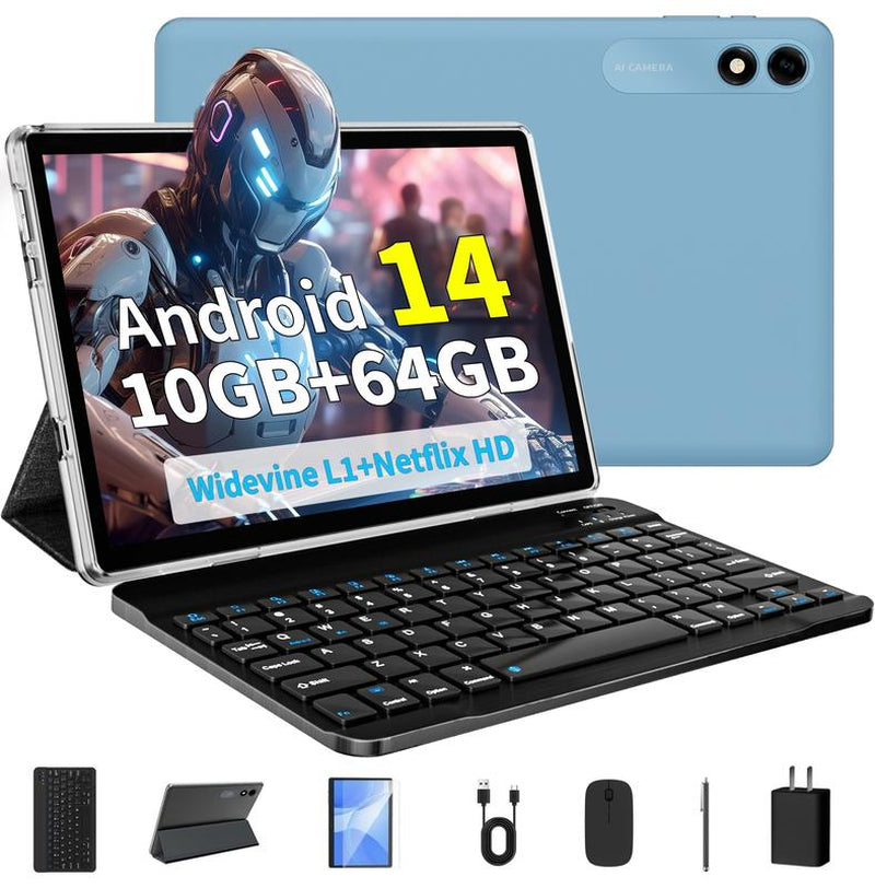 Android 14 Tablet 10.1 HD IPS Screen,10Gb RAM 64GB Rom,Octa-Core Fast Performance,6000Mah Battery,Dual Camera, Includes Keyboard & Mouse Set ,Perfect for Work & Play!