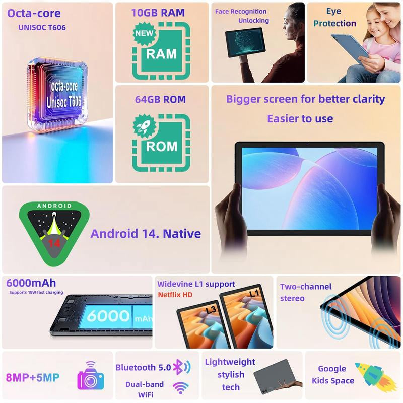 Android 14 Tablet 10.1 HD IPS Screen,10Gb RAM 64GB Rom,Octa-Core Fast Performance,6000Mah Battery,Dual Camera, Includes Keyboard & Mouse Set ,Perfect for Work & Play!