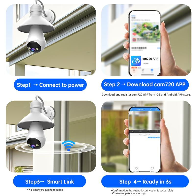 Cameras for Home, 2K Light Bulb Security Camera Full-Color Night Vision, Two-Way Audio, Motion Detection, Free E27 Lamp Holder, Support 2.4G Connection