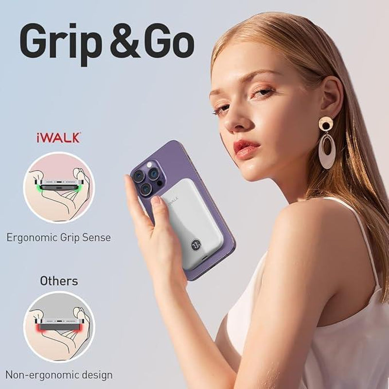 Iwalk Magnetic Portable Charger,5000Mah 18W Wireless Slim Power Bank Battery Pack with LED Display and Comfortable Grip Only Compatible with Iphone 16/16 Pro/16 Pro Max/15/14/13/12 Series Charging Cable Device Digital Smartphone Chargeable