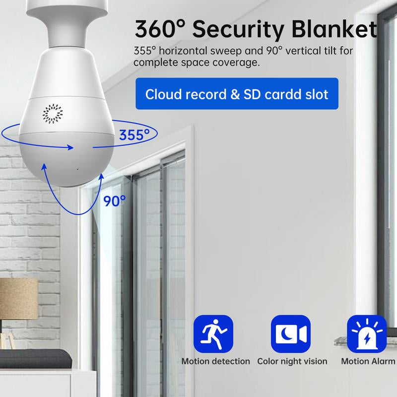 Cameras for Home, 2K Light Bulb Security Camera Full-Color Night Vision, Two-Way Audio, Motion Detection, Free E27 Lamp Holder, Support 2.4G Connection