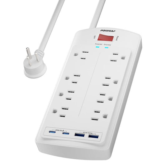 Surge Protector Power Strip, POWSAF 5Ft Flat Plug Extension Cord with 8 Outlets and 2 USB-C 20W Fast Charging Ports and 2 USB-A Ports for Home, Office, 2700 Joules
