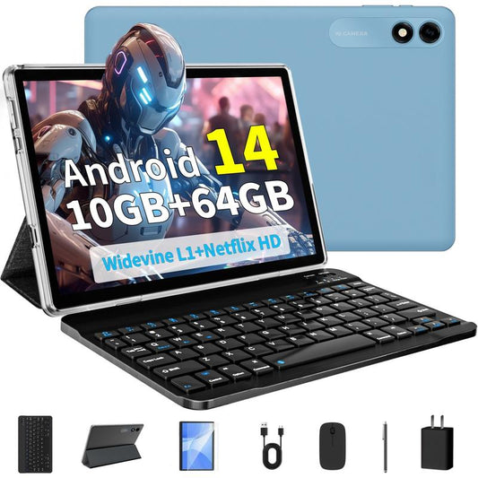 Android 14 Tablet 10.1 HD IPS Screen，10Gb RAM 64GB Rom，Octa-Core Fast Performance，6000Mah Battery，Dual Camera， Includes Keyboard & Mouse Set ，Perfect for Work & Play!